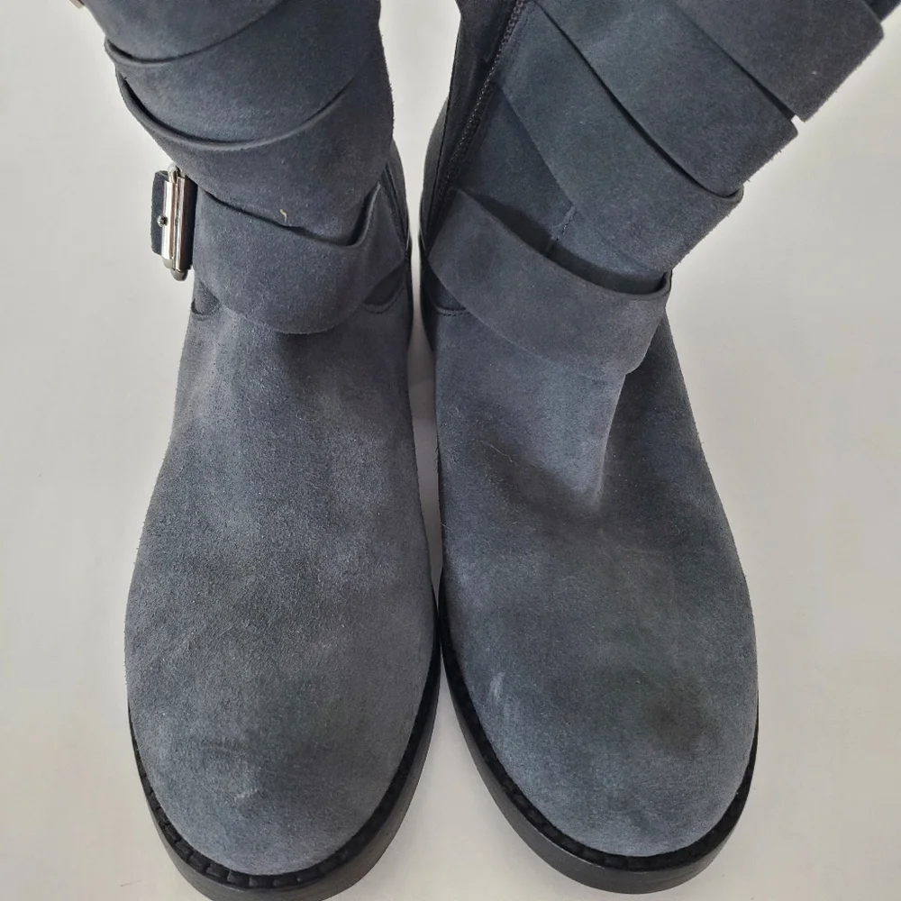 VINCE CAMUTO 7.5 WEBEY Dk Gray Suede Moto Boots Silver Buckle Strap Grunge Goth - Picture 8 of 16